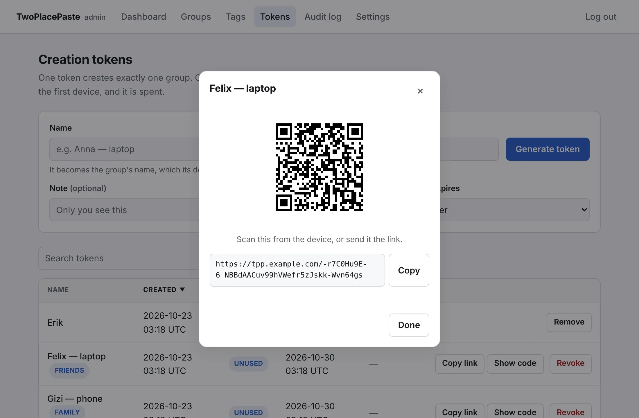 The relay's Tokens page with a new token's QR code and creation link