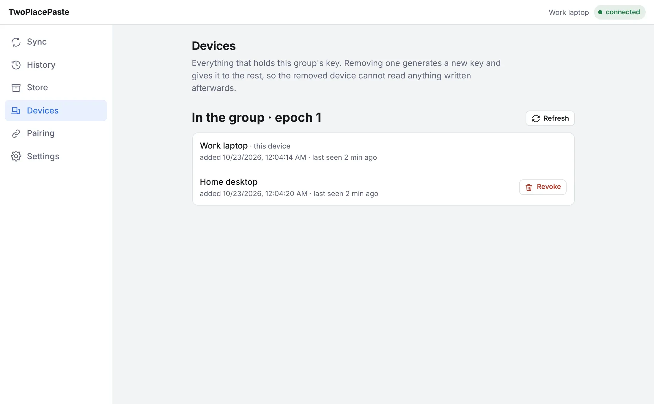 The Devices tab listing Work laptop and Home desktop
