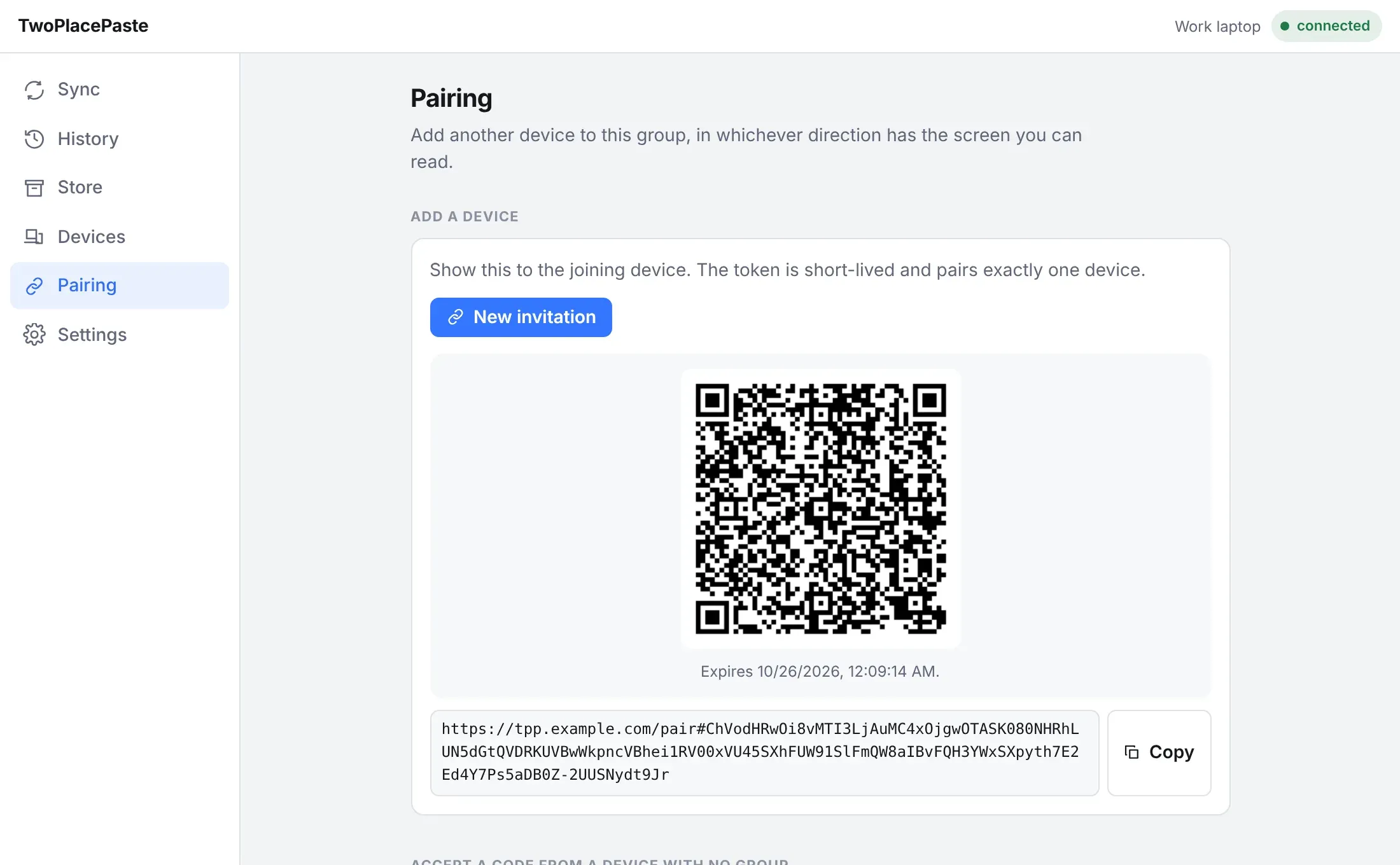 The Pairing tab showing a pairing QR code and link