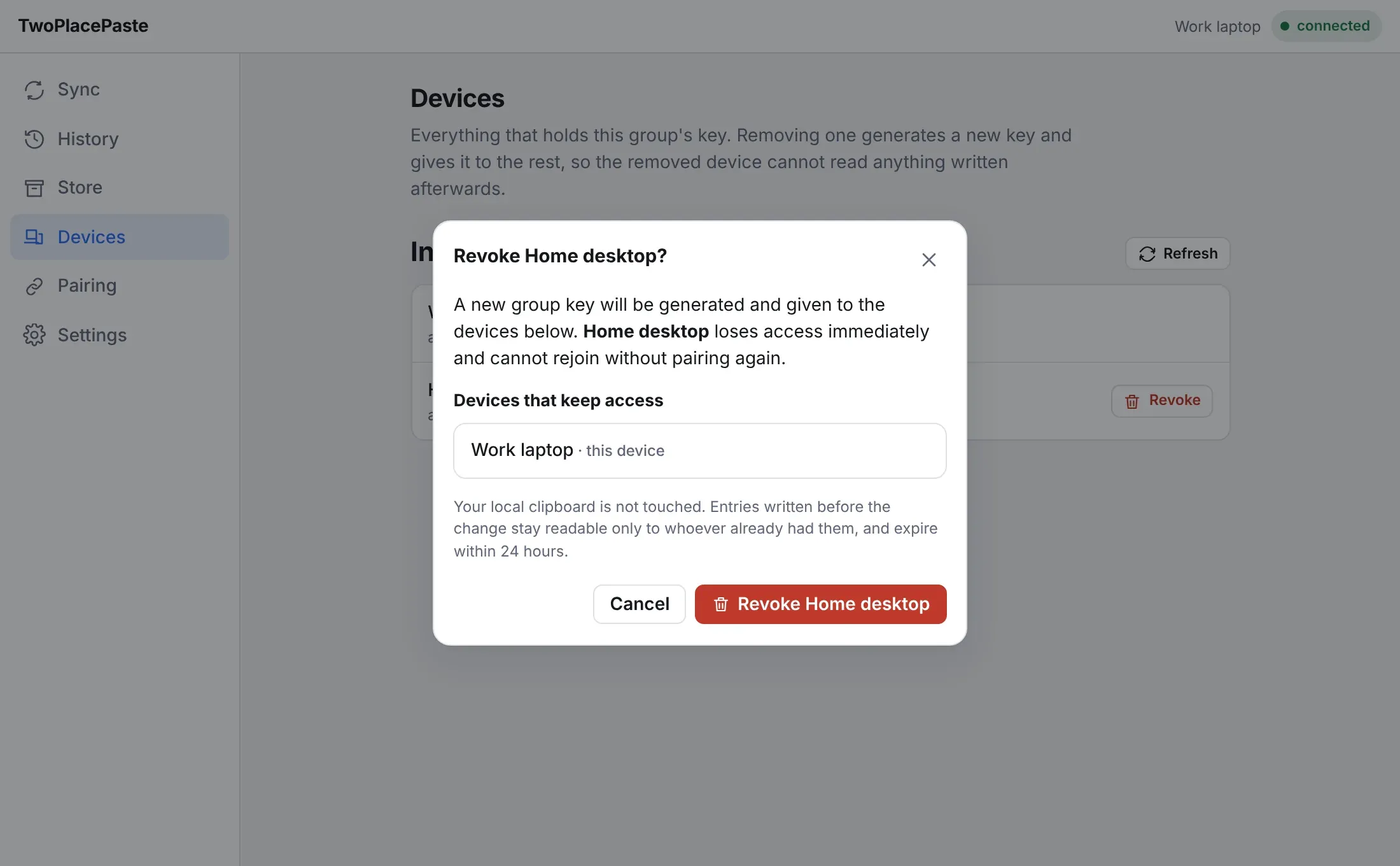 The dialog confirming the revocation of Home desktop