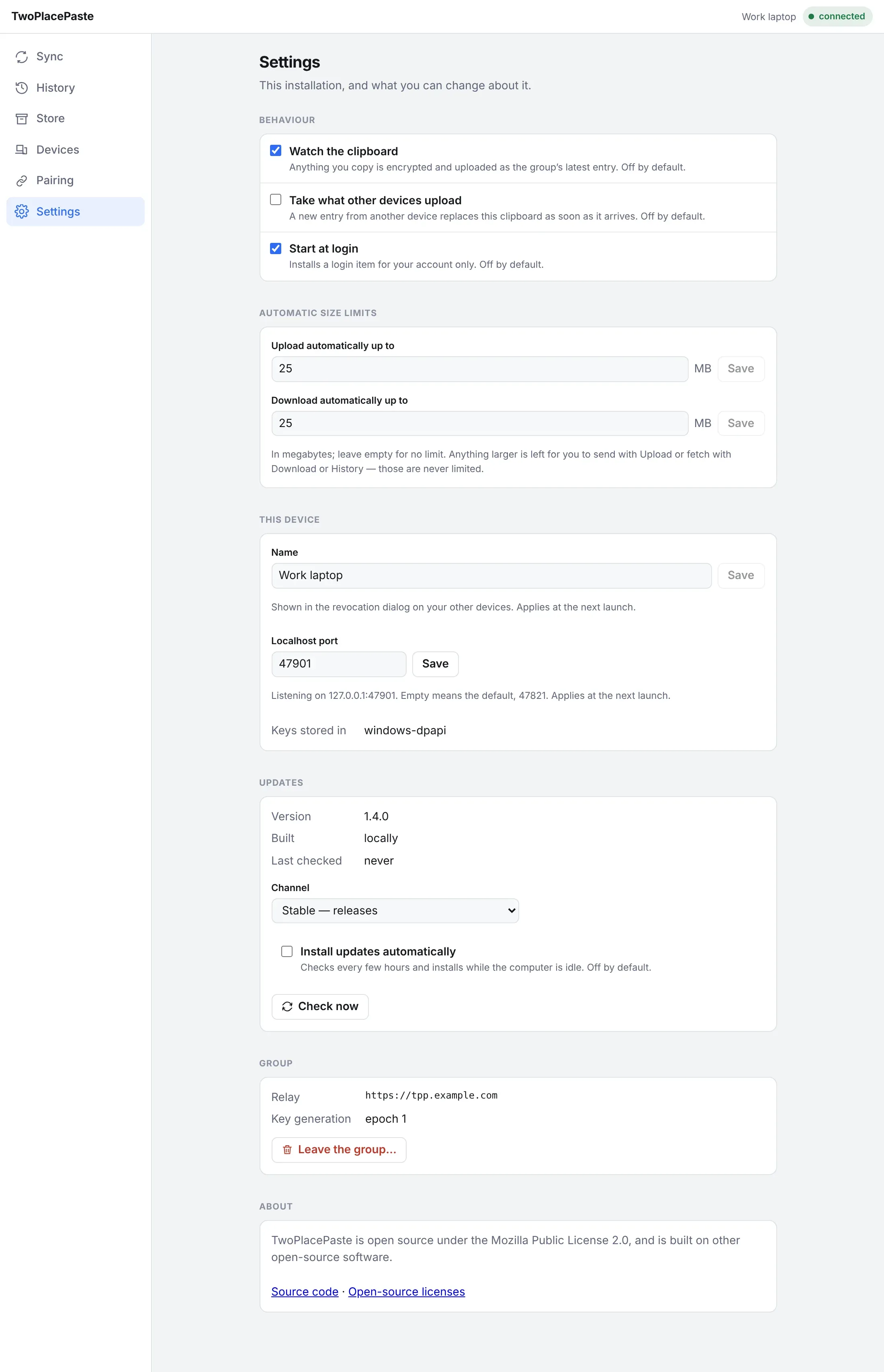 The Settings tab