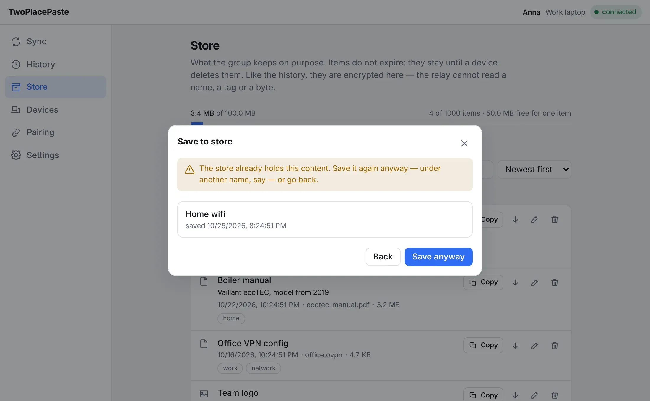 The save dialog warning that the store already holds this content as Home wifi, with Back and Save anyway buttons