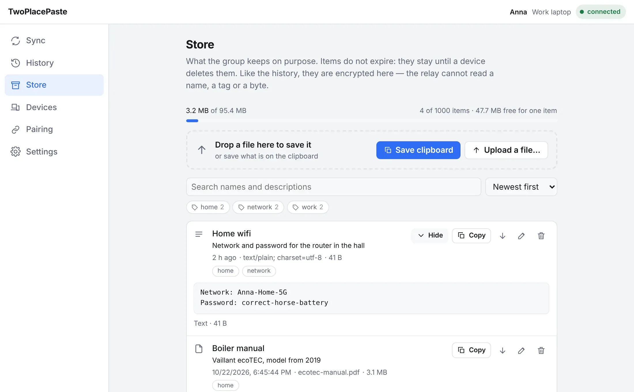 The Store tab: space used, a drop zone with Save clipboard and Upload a file buttons, a search box, tag filters, and saved items with the first one's preview open