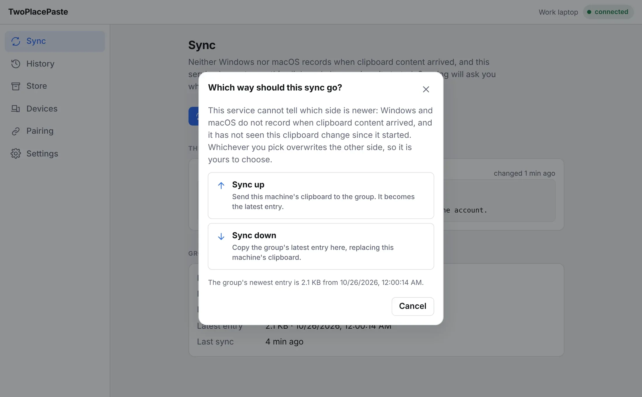The dialog asking whether to Sync up or Sync down
